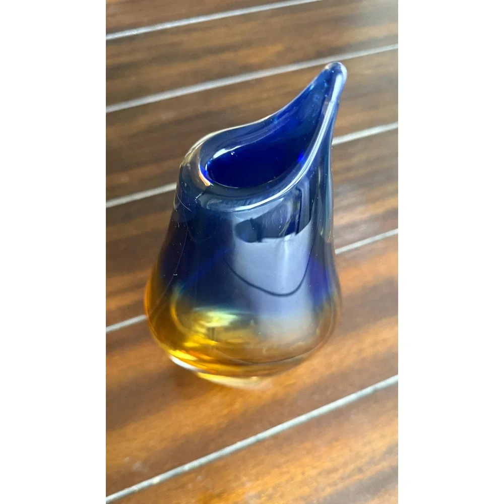 VTG Handblown Brazilian Art Glass Vase Blue & Amber Novica Brazil Collection